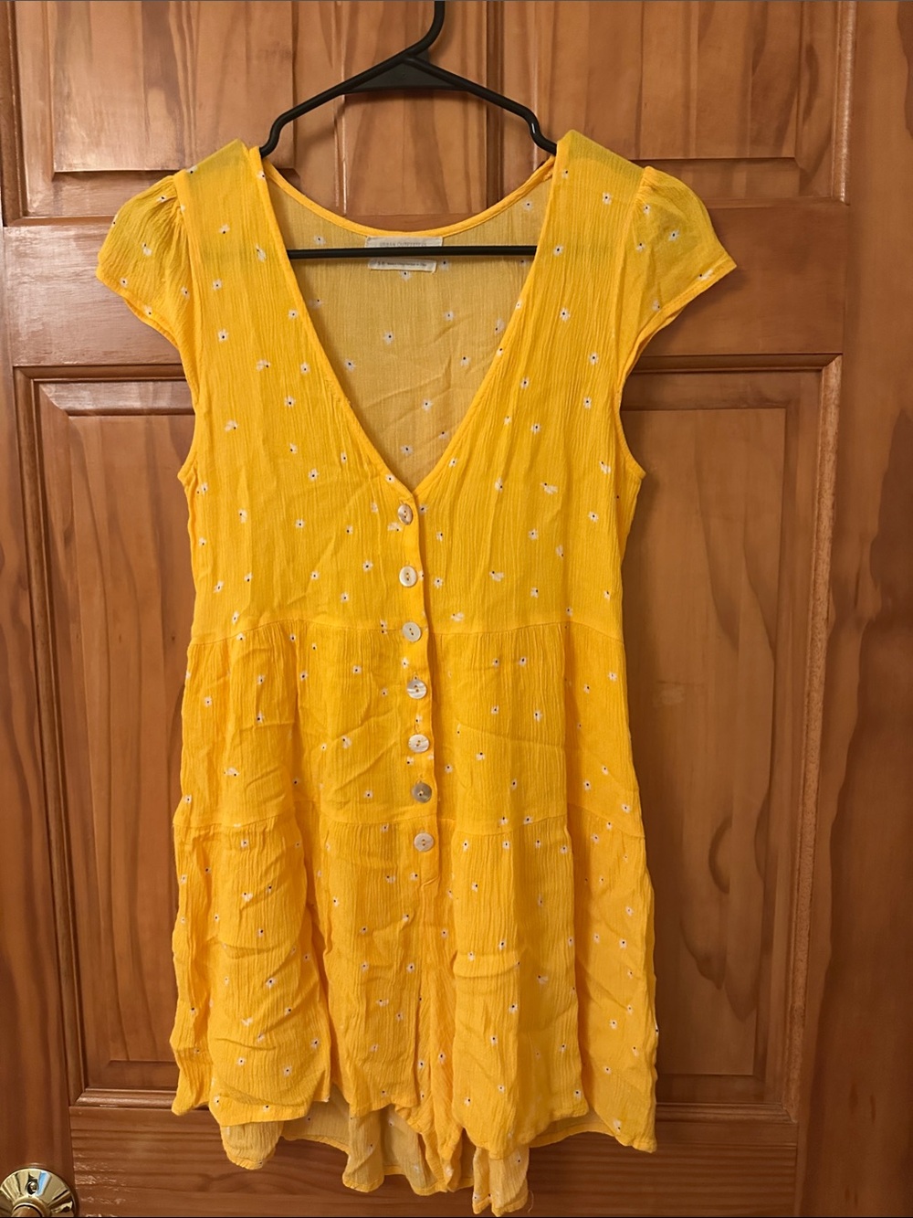 Yellow Button-Front Women's Dress with Embroidered Daisies
